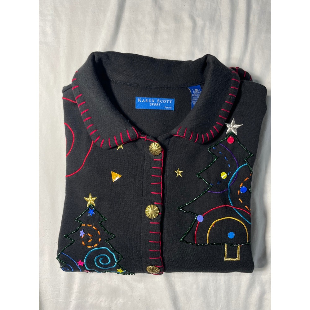 Karen Scott Sport Christmas Cardigan Sweater Black Embroidered Trees Petite